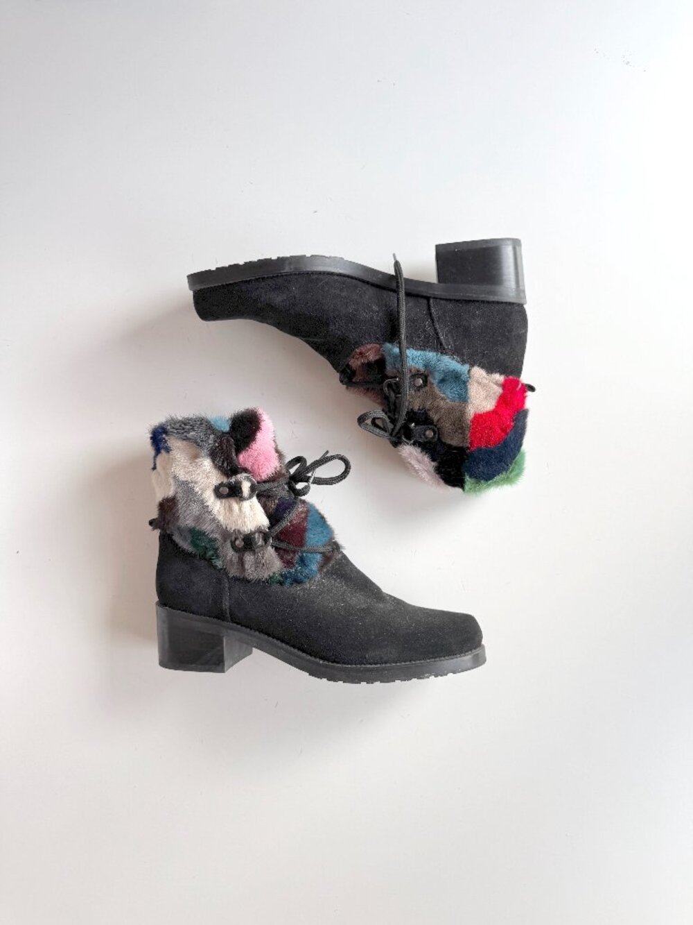 STUART WEITZMAN Black Suede Rainbow Rabbit Fur Trim Combat Boots, Size 8